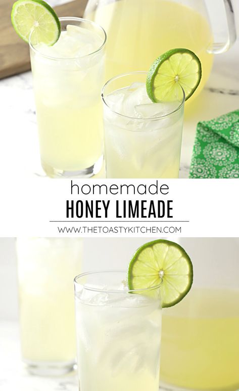 Homemade Honey Limeade recipe - by The Toasty Kitchen #honeylimeade #limeade #homemadelimeade #recipe #nonalcoholic #kidfriendly #summerdrink #springdrink #lime #drinkrecipe #recipe Lemon Limeade Recipe, Mint Lemonade Recipe, Summer Fruit Recipes, Honey Lemonade, Limeade Recipe, Lime Lemonade, Honey Drink, Drink Garnishing, Mint Lemonade