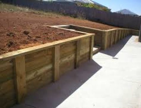 DIY Timber Retaining Walls - Richmond Sand Gravel and Landscaping Terraced Patio Ideas, Cheap Retaining Wall, Wooden Retaining Wall, Sleeper Retaining Wall, Retaining Wall Construction, Retaining Wall Steps, Wood Retaining Wall, Diy Retaining Wall, Backyard Retaining Walls