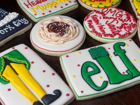 Elf Movie Cookies, Elf Sugar Cookies Decorated, Buddy The Elf Cookies, Movie Cookies, Flooded Cookies, Elf The Musical, Elf Buddy, Cookie Shots, School Cookies