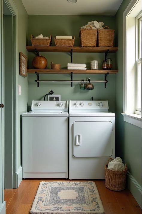 Rustic-chic laundry room with sage green walls and reclaimed wood shelves White And Green Laundry Room, Green Farmhouse Laundry Room, Laundry Room Ideas Green Walls, Laundry Room Green Walls, Color Drenched Laundry Room, Laundry Room Ideas Green, Sage Laundry Room, Laundry Room Wall Colors, Bold Laundry Room