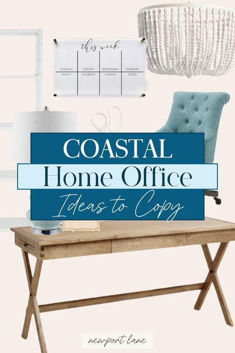 Transform your office into a coastal haven with our chic Coastal Office Decor ideas. Learn how to style your Coastal Desk and integrate Coastal Interior features to achieve a sophisticated yet relaxed workspace. Discover ideas to infuse your office with beach-inspired charm. Modern Coastal Office, Coastal Office Decor, Coastal Desk, Coastal Sunroom, Coastal Modern Decor, Coastal Home Office, Coastal Color Scheme, Blue Home Offices, Modern Coastal Living Room