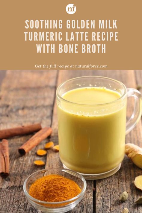 Enjoy a relaxing moment to yourself with this soothing Golden Milk Turmeric Latte recipe. Featuring two powerful anti-inflammatory ingredients, organic bone broth, and turmeric, this unique take on a traditional ayurvedic elixir will boost your health by strengthening your gut and supporting your immune system. Turmeric Cinnamon Ginger Coffee, Cinnamon Turmeric Ginger Coffee, Ginger Turmeric Cinnamon Tea, Turmeric Coffee, Turmeric Milk Recipe, Turmeric Latte Recipe, Ginger Coffee, Cinnamon Drink, Golden Milk Recipe