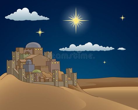 Jesus Born Christmas Bethlehem, Bethlehem Skyline Silhouette, Bethlehem Star Painting, Bethlehem Silhouette, Journey To Bethlehem Art, Christmas Bethlehem, Scene Cartoon, Star Cartoon, Night In Bethlehem