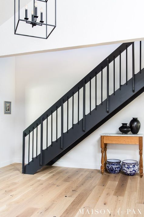 A Frame Staircase, 80s Staircase Makeover, Black Railings For Stairs, Black Iron Stair Railing, Painted Stair Railings, Black Stair Railing, Stairs Remodel, Railing Makeover, Stair Railing Makeover