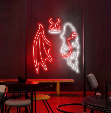 Personlized Neon Flex Led Sign 5mm Plexiglass Angel Wings And Halo, Backdrop Bedroom, Wings And Halo, Neon Signage, Demon Wings, Neon Flex, Party Backdrop, Led Sign, Bar Sign