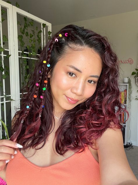 Cute hairstyle, colorful hair beads, coachella hairstyle, edc hairstyle, braids, festival hairstyle, red hair Colorful Beads In Hair, Curly Hairstyles Beads, Beads In Curly Hair, Hair Beads Hairstyles, Coachella Hairstyle, Hairstyle Red Hair, Hair Beading, Braids Festival, Hairstyles With Beads