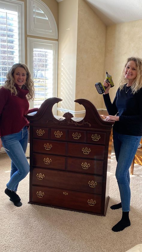 thefurnituresisters on Instagram: Chalked paint to the rescue! The sisters are at it again with an amazing dresser flip. We took this high boy dresser and created TWO new… Refinished Highboy Dresser, Painted Highboy Dresser, Tall Boy Dresser Makeover, Highboy Dresser Makeover, Decoupage Dresser, Tall Boy Dresser, Dresser Flip, High Boy Dresser, Dresser Flips