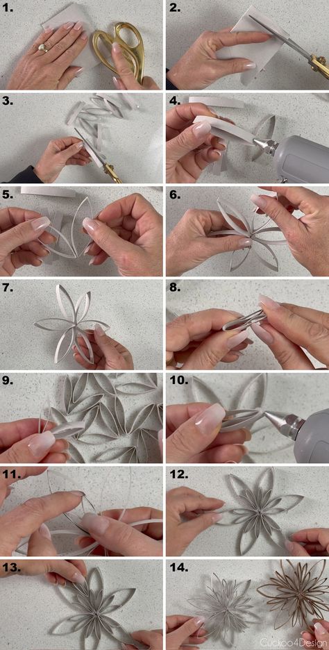 Save your toilet paper rolls and turn them into free Christmas ornaments by making super easy toilet paper roll snowflakes. #christmasornaments #DIYchristmasornaments #christmasdecor #Christmascrafts Toilet Rolls Christmas, Toilet Paper Roll Tree Topper, Paper Towel Roll Ornaments, Tp Roll Snowflakes, Paper Towel Roll Snowflake, Toilet Paper Ornaments, Toilet Roll Stars, Toilet Paper Christmas Ornaments, Toilet Paper Roll Star Ornament