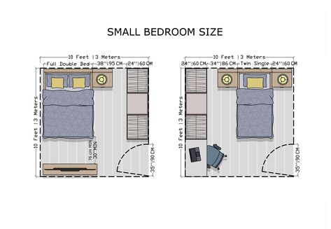 Two Small Bedroom Layouts with Dimensions in Feet and Meters. Layout 1: Top view of Full Double Bed, nightstand, Closet, and TV Set. Layout 2: Top views of Twin Bed, nightstand, Closet, and Small Study with desk. Double Size Bed Ideas, Small Bedroom Twin Bed Layout Room Ideas, Double Bed Small Room Ideas, Small Bedroom Double Bed Layout, Double Bed In Small Room, Desk Bed Combo, Small Bedroom Twin Bed Layout, Small Room With Double Bed, Double Bed Small Room Layout