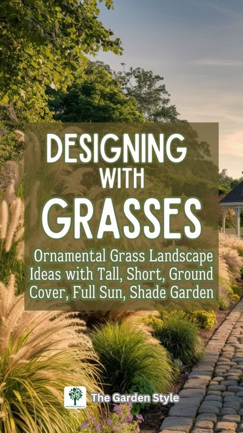 Explore ideas for designing a grass garden with ornamental grasses. Discover the top ornamental grasses to enhance your landscape. Learn which varieties will work best in your garden. This full guide provides detailed tips and inspiration. Visit TheGardenStyle.com to learn more. Native Grass Landscaping, Pampas Grass Garden Ideas, Grass Bushes Front Yards, Tall Grass Landscaping Ideas, Evergreens And Grasses, Gardening With Ornamental Grasses, Zebra Grass Landscaping Garden Ideas, Maiden Grass Landscaping Ideas, Little Bluestem Grass Landscape