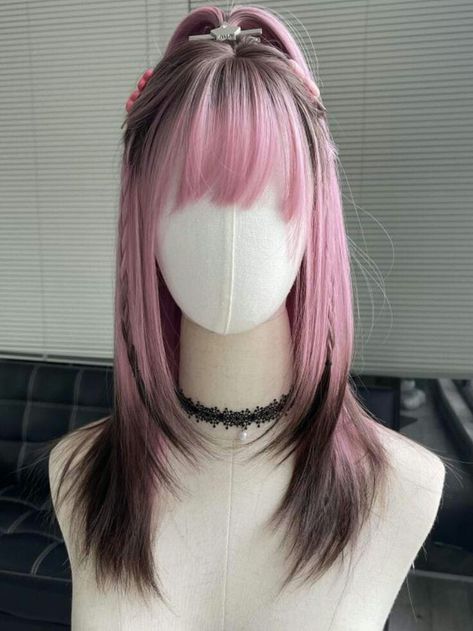 Pink Dyed Short Hair, Brown And Pink Hair Ombre, Pink Hair With Black Highlights, Pink Hair Black Tips, Fun Dyed Hair, Black To Pink Ombre Hair, Pink Hair With Black Tips, Black Brown Highlights, Pop Hairstyles