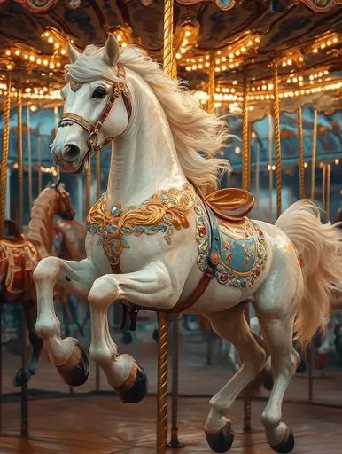 ↑↑↑ Larger size on website 🔸 A white carousel horse with a golden ornate saddle and bridle stands proudly in a carousel. It has a Dark Carousel Aesthetic, Carousel Photoshoot, Merry Go Round Horse, White Carousel, Horse In Motion, Circus Horse, Merry Go Round Carousel, Carousel Animals, Vintage Carousel