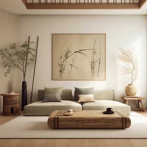 Living room Asian Zen interior design Earthy Home Interior Design, Wabisabi Living, Japanese Boho Interior, Extreme Minimalist Kitchen, Zen Living, Wabisabi Interiordesign, Japandi Family Room, Zen Living Room Ideas Japanese, Asian Zen Living Room