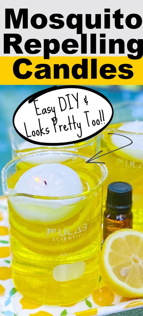 If you want to make the coolest DIY candles, try these great mosquito repelling floating candles for outside. It only takes a few minutes, but also adds a lovely look to your backyard or patio area. These help repel mosquitos with the use of different essential oils, lemon, and color. Be sure to read more of our insect tips too. Mosquito Repelling Essential Oils, Natural Mosquito Repellent For Yard, Mosquito Control Backyard, Diy Mosquito Repellent For Yard, Diy Mosquito Repellent Candle, Bug Repellent Candles, Wax Crafts, Outdoor Mosquito Repellent, Diy Citronella