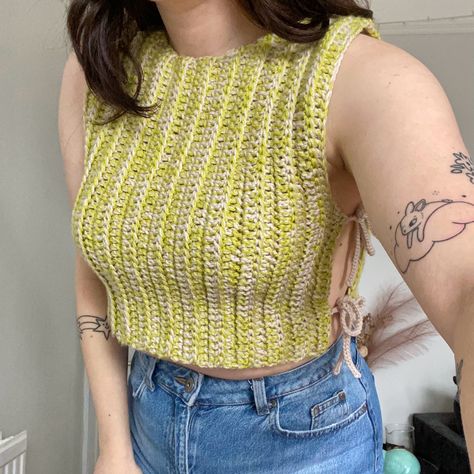 Instagram - anniesews_ Etsy - AnnieSewsUK Crochet Crop Vest, Crochet Tie Top, Lime Green Crochet, Crochet Vest Top, Crochet Polo, Crochet 101, Car Trip, Crop Vest, Beginner Crochet Tutorial