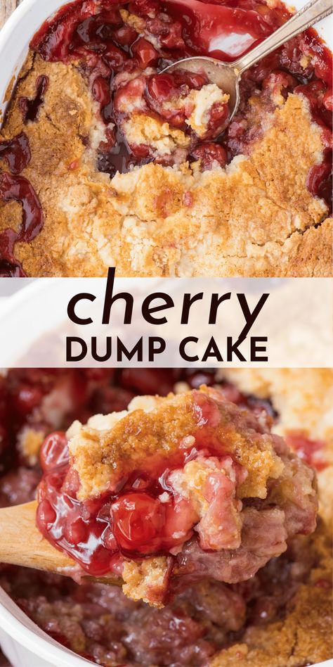 With just 4 ingredients and 4 easy steps, this cherry dump cake recipe will make you look like a master baker! No mixing or additional bowls needed, this cherry dump cake tastes just like homemade cherry cobbler but is way easier to make! Dump Cake Recipes Cherry, Cherry Dump Cake Recipe, Cherry Cobbler Recipe, Easy Dump Cake Recipe, Sweet Cherry Pie, Peach Dump Cake, Cherry Dump Cake, Dump Cake Recipe, Warm Desserts