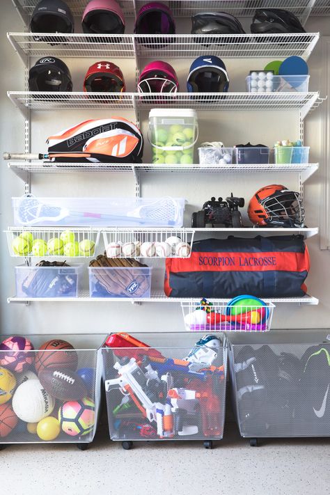 Garage Shoe Storage, Easy Garage Storage, Sports Equipment Storage, Garage Storage Inspiration, Sports Storage, Portable Garage, Garage Organize, Garage Makeover, Garage Storage Organization