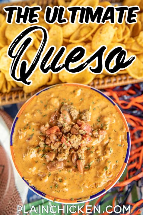 The ULTIMATE Queso - the BEST cheese dip EVER! Creamy Rotel Dip loaded with sausage and chili beans. Can make on the stovetop, microwave, or in the crockpot. Great for parties and game day! Velveeta, Rotel tomatoes, cream cheese, sausage, chili beans, chili powder, and cumin. Serve with Fritos and tortilla chips. I can make a meal out of this yummy cheese dip! #queso #cheesedip #mexican Best Cheese Dip, Pizza Cupcakes, Football Friday, Rotel Dip, Chili Cheese Dips, Crock Pot Dips, Chili Dip, Queso Dip Recipes, Hot Sausage