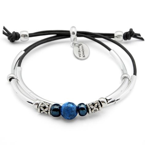 PRICES MAY VARY. GREAT DESIGN - The Blue Ocean adjustable bracelet features double natural black leather and silverplate strands. The stainless steel clasp and Semi Precious Lapis with colorful glass beads give the Blue Ocean a subtle but striking appearance.This bracelet is stackable with other Lizzy James charm bracelets. GOOD QUALITY - Each Lizzy James product is carefully handcrafted in USA by our talented artisans and using top-quality materials and components. We take pride in the work we Lizzy James Jewelry, Adjustable Silver Bracelet, Ocean Bracelet, Lapis Lazuli Bracelet, Artisan Bracelets, Black Leather Bracelet, Braided Leather Bracelet, Chakra Bracelet, Jewelry Images