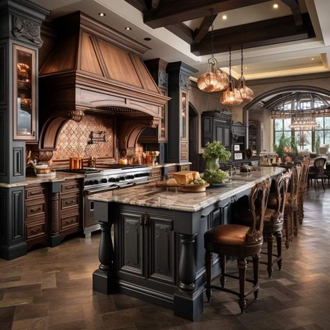 Old Money Style Kitchen, Old Mansion Kitchen, Formal Kitchen, Cobalt Kitchen, Manor Kitchen, Elvira Movies, Ornate Kitchen, Tuscan Kitchen Design, Mansion Kitchen