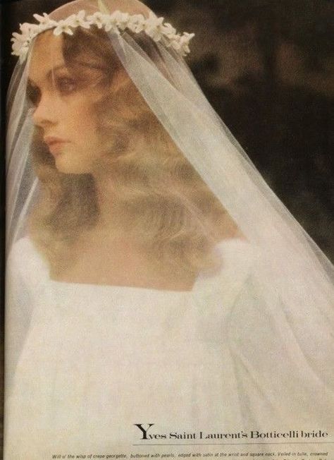 Talking About Weddings:  Jean Shrimpton in a wedding dress by Yves Saint Laurent.  Photo by David Bailey.  Vogue UK, November 1973. Flower Crown Veil, 1970s Wedding, Jean Shrimpton, David Bailey, Ysl Saint Laurent, Vintage Bride, Vintage Bridal, Wedding Veils, Wedding Veil