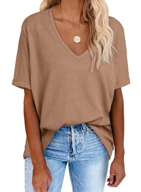 Knit Shirts, Jeans And T Shirt Outfit, Tan T Shirt, Women Blouses Fashion, Tops Short Sleeve, Cotton T Shirts, Shirts Cotton, Short Sleeve Shirt Women, Womens Fashion Casual Summer