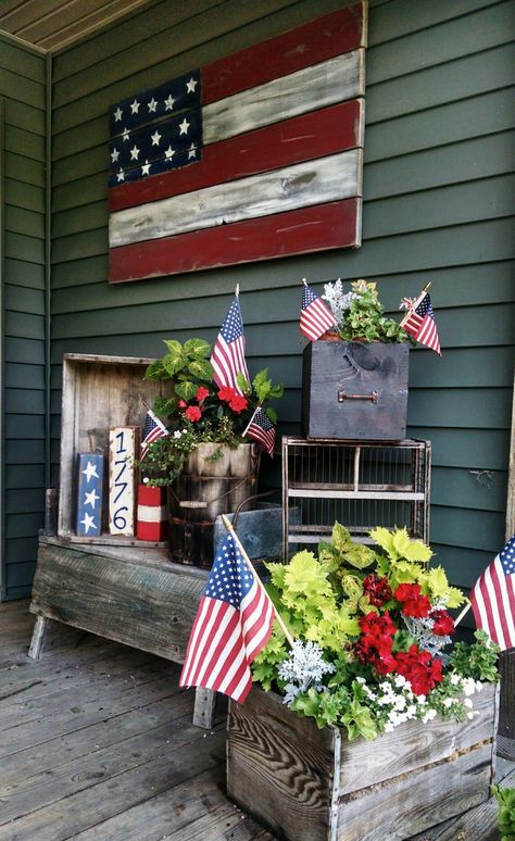 Summer Porch Ideas Front Doors, July 4 Porch Decor, Americana Front Porch, Americana Front Porch Ideas, Red White And Blue Porch Ideas, Memorial Day Porch Decor, Diy Porch Signs, Americana Porch Decor, Patriotic Porch Ideas