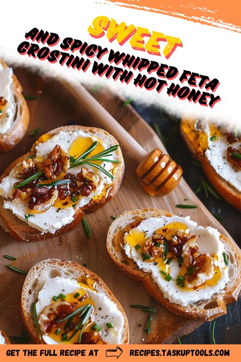 Elevate your appetizer game with these Sweet and Spicy Whipped Feta Crostini topped with a drizzle of hot honey. This delectable recipe combines creamy whipped feta with a hint of sweetness and a touch of heat, making it the perfect balance of flavors. Whether for a festive gathering or a cozy night in, these crostini are quick to prepare and sure to impress your guests. Discover how to create this mouthwatering dish that will leave everyone asking for the recipe! Perfect for entertaining or simply Sweet And Spicy Whipped Feta Crostini With Hot Honey, Hot Honey Drizzle, Hot Honey Feta Bites, Feta Honey Appetizer, Whipped Feta Hot Honey Crostini, Whipped Feta Crostini Appetizers, Feta Hot Honey Dip, How To Make Whipped Feta, Hot Honey Crostini