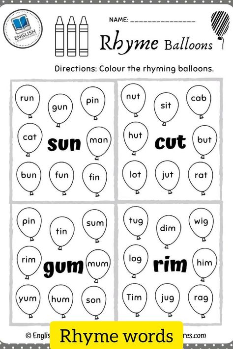 Rhyme Words, Rhyming Words Activities, Rhyming Words Worksheets, Rhyming Worksheet, Phonics Reading Passages, Cvc Words Kindergarten, Balloon Words, Rhyming Activities, Reading For Beginners