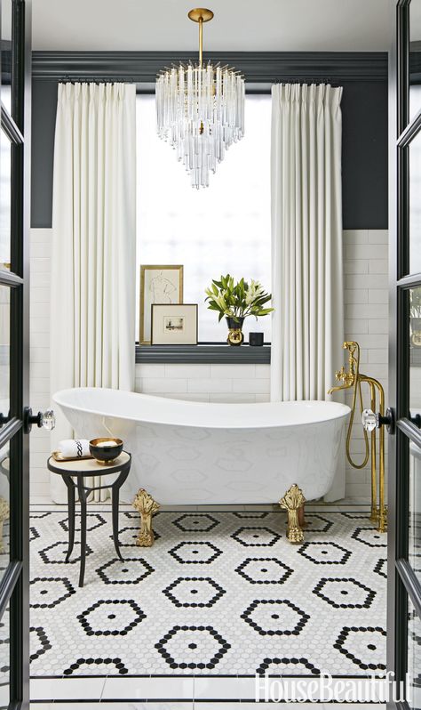 This Glam Bathroom Lets You Relax in Style - House Beautiful June 2016 Bath of the Month by SuzAnn Kletzein in Wicker Park, Chicago Drømme Bad, Glam Bathroom, Prints Ideas, Art Deco Bathroom, Deco Bathroom, Bad Inspiration, Bathroom Paint Colors, Bathroom Tile Designs, White Bath