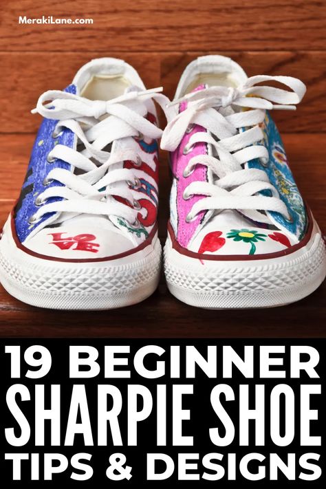 7 Sharpie Shoe Ideas for Beginners | Customized shoes are becoming a trend, and they are incredibly easy to make. If you and/or your kids want to dabble in DIY shoe designs, this post is a great place to start. From rainbow and tie dye, to chevron and galaxy designs, to fine line art, it's amazing what you can create with sharpies! Click for a list of tips and hacks for making your very own sneaker art with a set of sharpie markers. Diy Shoe Designs, Drawing On Shoes Ideas, Diy Galaxy Shoes, Sharpie Shoes, Paint Shoes, Shoe Painting, Fine Line Art, Galaxy Shoes, Customized Shoes