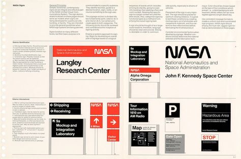 A page from the NASA Graphics Manual depicting layout of signs.  information design. branding guides. manuals. design history. branding standards. style guide. Nasa Graphic Design, Hip Graphic Design, Graphic Design Jobs, Manual Design, Style Guide Design, Brand Manual, Brand Guide, Vintage Graphic Design, Graphic Design Advertising