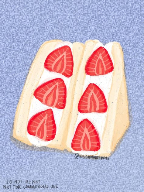 Japanese strawberries and whipped cream sandwich inspired cute food kawaii illustration Strawberry Sando Drawing, Sliced Strawberry Drawing, Fruit Sandwich Drawing, Cute Sandwich Drawing, Whipped Cream Sandwich, Food Kawaii Illustration, Whipped Cream Drawing, Whipped Cream Illustration, Strawberry Sando