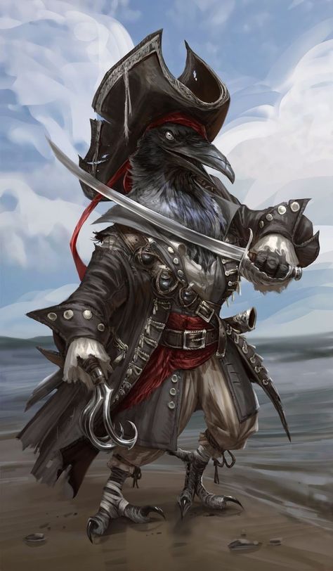 (Ketra) Raven Mutant Pirate Jessica Nguyen, Pirate Art, Sea Captain, Heroic Fantasy, Dungeons And Dragons Characters, Dnd Art, Dungeons And Dragons Homebrew, D&d Dungeons And Dragons, Fantasy Inspiration