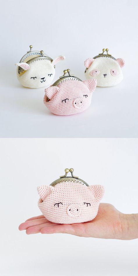 Crochet Change Purse, Coin Purse Crochet Pattern, Loop Crochet, Purse Patterns Free, Rainbow Purses, Coin Purse Pattern, Crochet Coin Purse, Crocheted Bags, Crochet Pig