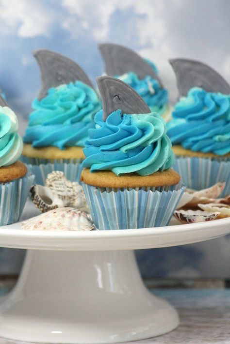 Ocean Cupcakes, Ocean Birthday Cakes, Shark Cupcakes, Sea Cupcakes, Shark Birthday Cakes, Ocean Birthday Party, Ocean Cakes, Shark Themed Birthday Party, Fancy Cupcakes