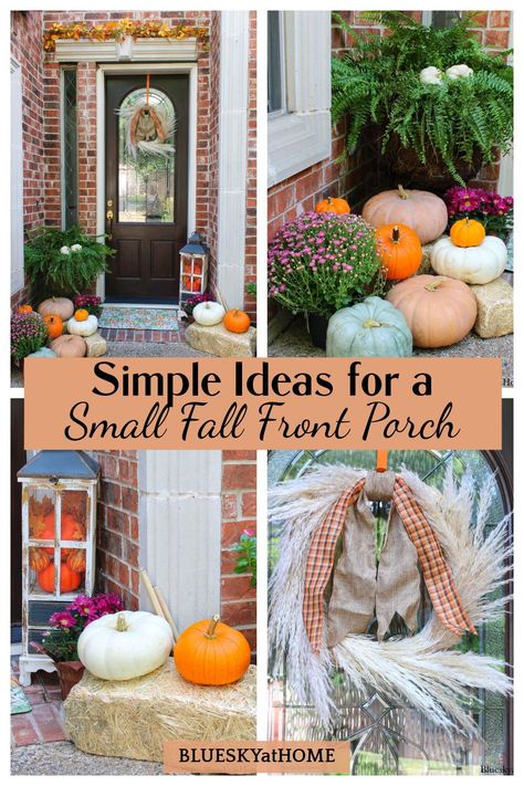 Simple Ideas for a Small Fall Front Porch. Add seasonal curb appeal to your home with these ideas for decorating your front porch and entry. Simple Fall Front Porch, Fall Mantel Decorating Ideas, Decorating Your Front Porch, French Ethereal, Small Porch Ideas, Mantel Decorating Ideas, Fall Front Porch Decor Ideas, Mantel Decorating, Fall Fireplace