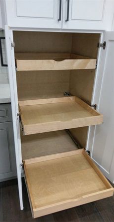 Cabinet Organization Diy, Diy Pantry Shelves, Slide Out Pantry, Roll Out Shelves, Cabinet Slides, Slide Out Shelves, Pull Out Drawer, Pull Out Shelves, Diy Drawers