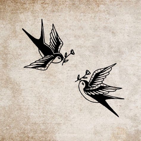 Two Birds Traditional Tattoo, Tradition Bird Tattoo, Black And White Swallow Tattoo, Traditional Sticker Tattoo Sleeve, Classic Bird Tattoo, Sparrow Tattoo Men Traditional, American Trad Bird Tattoo, Two Swallows Tattoo Traditional, Trad Sparrow Tattoo