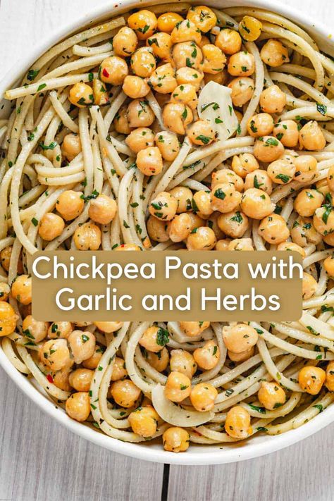 This recipe for Chickpea Pasta with Garlic and Herbs is quick and easy to make, budget-friendly, kid-friendly, and vegan. Chickpea Recipes Pasta, Chickpea Pasta Vegan, Garlic Chickpea Spaghetti, Chic Pea Pasta Recipes, Healthy Chickpea Pasta Recipe, Vegan Chickpea Pasta Recipes, Easy Vegan Pasta Dinner, Easy Chickpea Dinner, Quick And Easy Chickpea Recipes