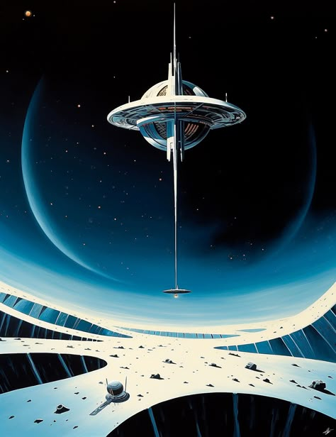 Science Fiction Architecture, 1950s Space Art, Retro Sci Fi Art, Space Station Art, Sci Fi Space Station, Retro Futuristic Art, Retro Futurism Art, 80s Sci Fi, Illustration Space