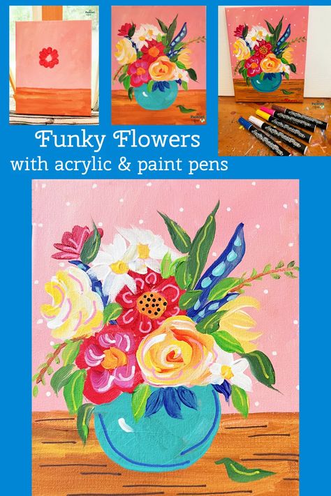 Flowers With Acrylic Paint, Acrylic Floral Paintings, Whimsy Flowers, Fearless Friday, Painted Apron, Funky Flowers, Markers Drawing Ideas, Markers Drawing, Floral Paintings Acrylic