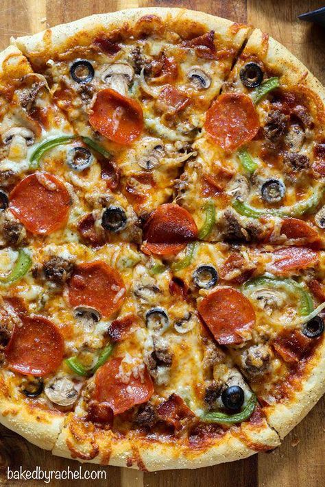 Supreme Pizza Toppings, Pampered Chef Pizza Stone Recipes, Godfathers Pizza Crust Recipe, Homage Pizza, Supreme Pizza Recipes, Homemade Supreme Pizza, Crazy Crust Pizza Recipe, Pillsbury Pizza Crust Recipes, Pizza Calzone Recipe