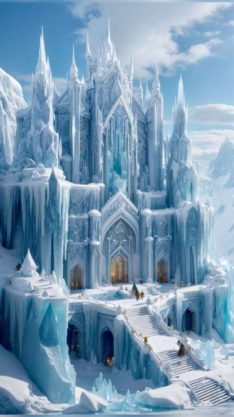 Narnia Ice Castle, Winter Palace Fantasy Art, Ice Palace Fantasy Art, Winter Kingdom Aesthetic, Ice Castle Fantasy Art, Ice Palace Aesthetic, Fantasy Ice Kingdom, Ice Castle Aesthetic, Fantasy Ice Castle