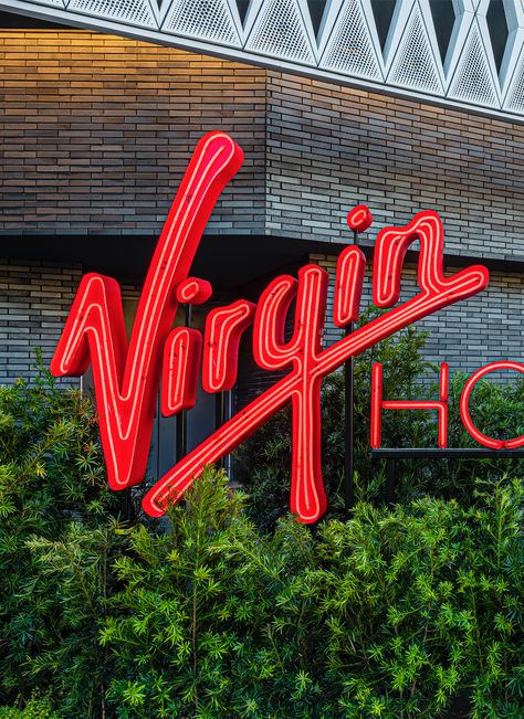 Modern Signage Design, Hotel Wayfinding, Modern Signage, Virgin Hotel, Rsm Design, Monument Signage, Experiential Graphics, Hotel Sign, Restaurant Signage