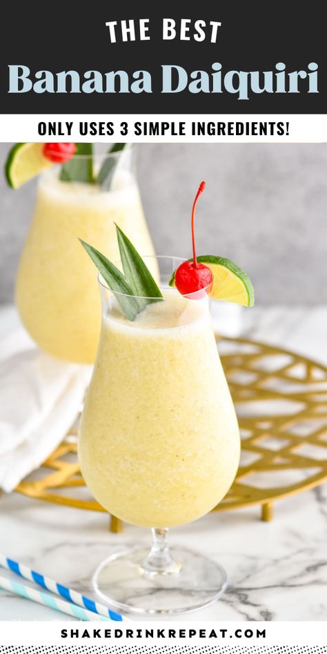 A Frozen Banana Daiquiri is a blended delight starring coconut rum, a splash of orange liqueur, tart lime, and bananas. This creamy and refreshing cocktail is perfect for a hot day. Banana Daiquiri Recipe, Daquiri Recipe Traditional, Frozen Mixed Drinks Alcohol, Banana Liqueur Drinks, Blended Alcoholic Drinks, Banana Rum Drinks, Blended Cocktail Recipes, Frozen Mixed Drinks, Rum Drinks Easy