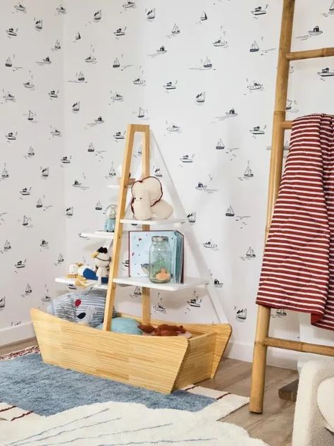 Ship Nursery, Nursery Bookcase, Nautical Baby Nursery, Nautical Baby Room, Sailboat Nursery, Nautical Theme Nursery, Nautical Nursery Boy, Bold Bohemian, Nursery Shelf