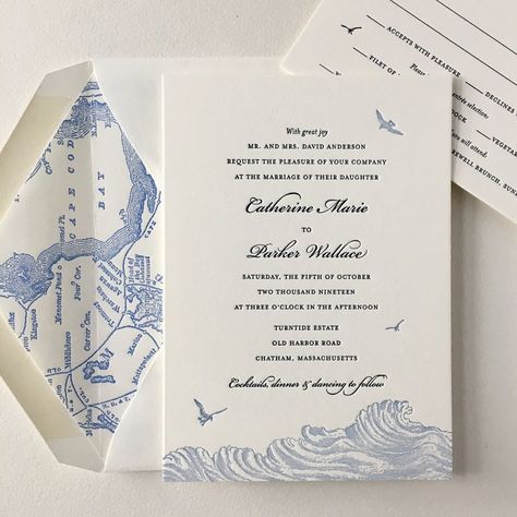 Coastal Invitation Wedding, New England Wedding Invitations, Cape Cod Theme Wedding, Fall Ocean Wedding, Coastal New England Wedding, New England Wedding Aesthetic, Nantucket Wedding Invitations, Cape Cod Wedding Invitations, Sesame Letterpress