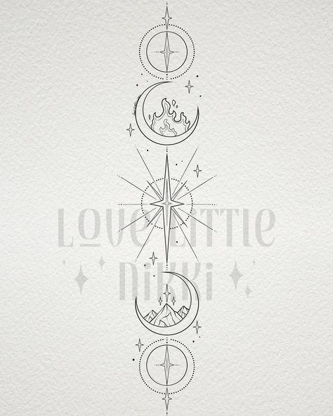 This delicate Feyre moon phase tattoo is for the lovely Meredith 🌙✨ she wanted aspects of Nesta also included in this delicate design! Love the 8 pointed star 🌟 #feyrearcheron #acotar #tattoodesign Nesta Back Tattoo Acotar, Acotar Star Tattoo, Feyre Moon Phase Tattoo, Moon Phases Tattoo Designs Spine, Feyre’s Back Tattoo, Acotar Tattoo Design, 8 Pointed Star Tattoo Nesta, Acotar Tattoos Nesta, Acotar Moon Tattoo