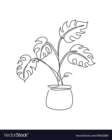 Monstera Line Drawing, One Line Plant Drawing, How To Draw Monstera Leaf, One Line Drawing Plant, Plant Design Drawing, Line Drawing Plants, Simple One Line Drawings, Monstera Leaf Drawing, One Line Flowers